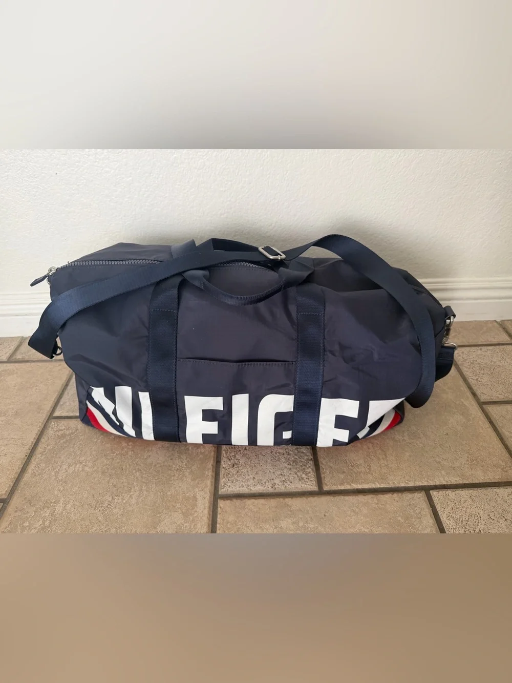 Tommy Hilfiger Navy Duffel with Red & White Logo Accents